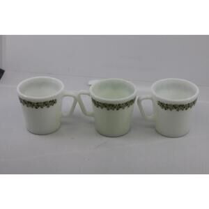 Vintage Green Flowers Spring Blossom By PYREX 3 White Mugs 3 1/2"